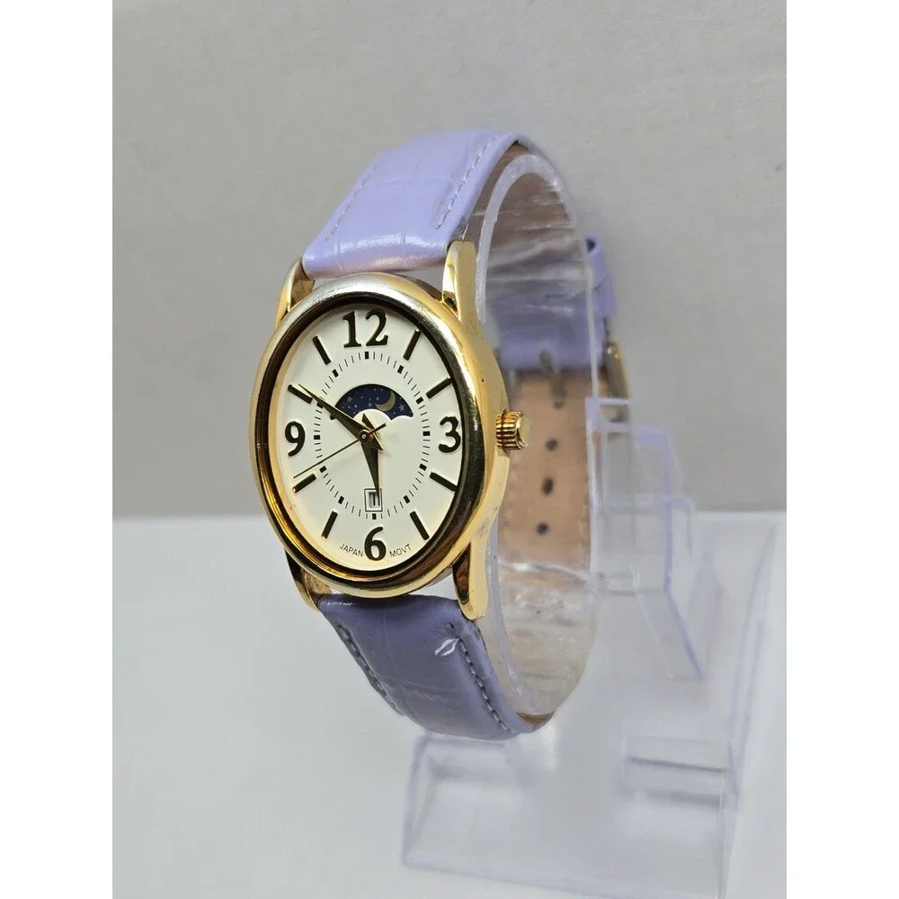 Womens Vintage Avon Moon Phase Date Womens Gold Tone Leather Watch New Battery